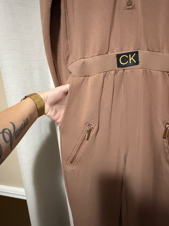 Calvin Klein Women's Brown Zip-Front Jumpsuit with CK Belt - Picture 5 of 8